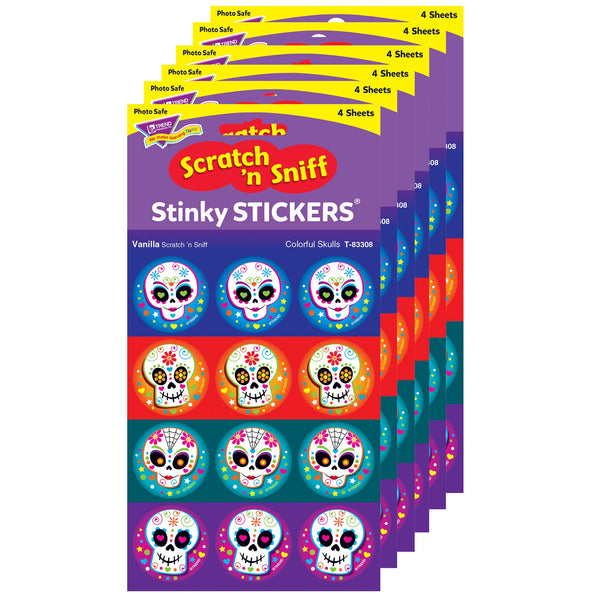 Colorful Skulls-Vanilla Stinky Stickers®, 48 Per Pack, 6 Packs