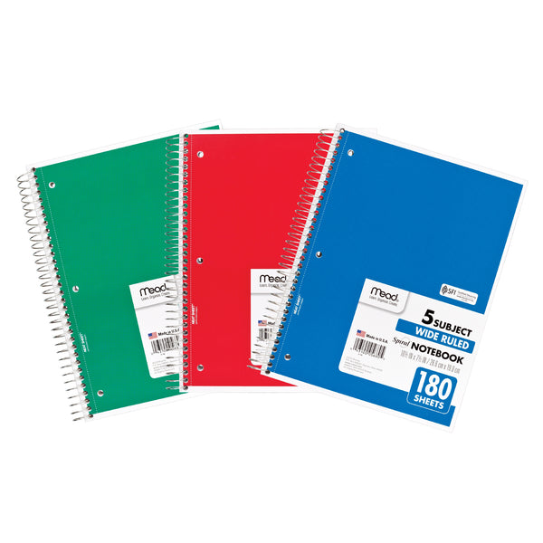 Spiral 5 Subject Notebook, Wide Ruled, 180 Sheets Per Book, Pack of 3