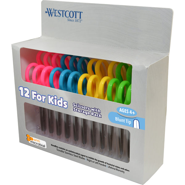 Kids Blunt 5" Scissors with Storage Rack, Assorted Colors, Set of 12
