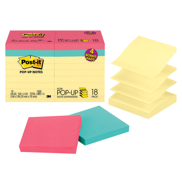Dispenser Pop-up Notes Value Pack, 3 in x 3 in, Canary Yellow, 14 Pads/Pack + 4 Assorted Color Pads