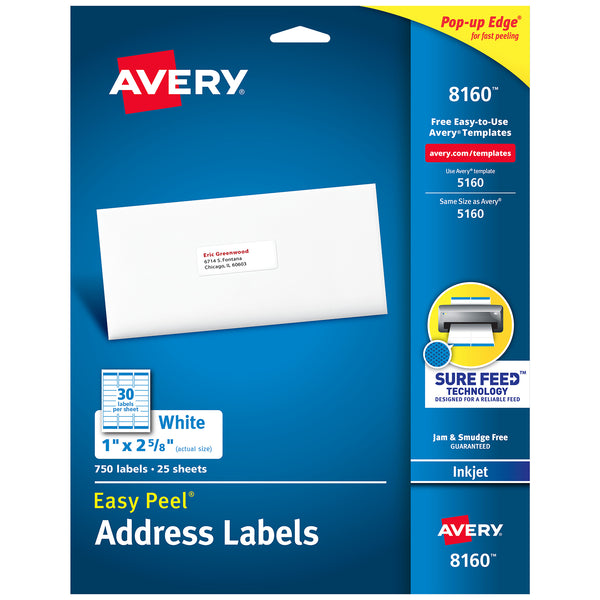 Easy Peel® Address Labels, Sure Feed™ Technology, Permanent Adhesive, 1" x 2-5/8", 750 Labels