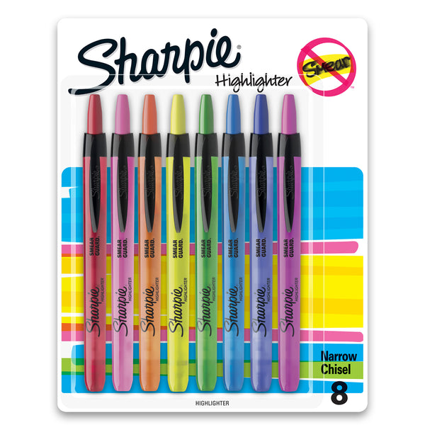 Retractable Highlighters, Chisel Tip, Assorted, 8 Count