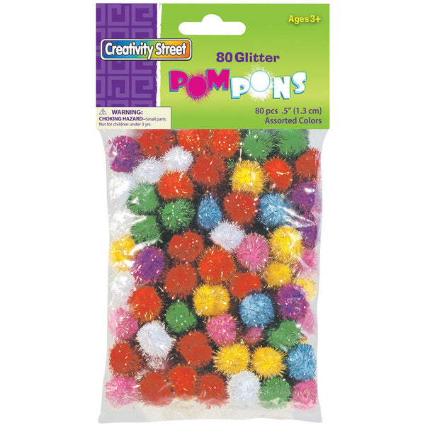 Glitter Pom Pons, Assorted Colors, 1-2", 80 Per Pack, 6 Packs