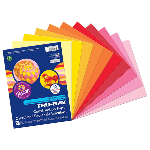 Construction Paper, Warm Assorted, 9" x 12", 50 Sheets Per Pack, 5 Packs