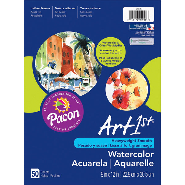 Watercolor Paper, White, 90lb., 9" x 12", 50 Sheets Per Pack, 3 Packs