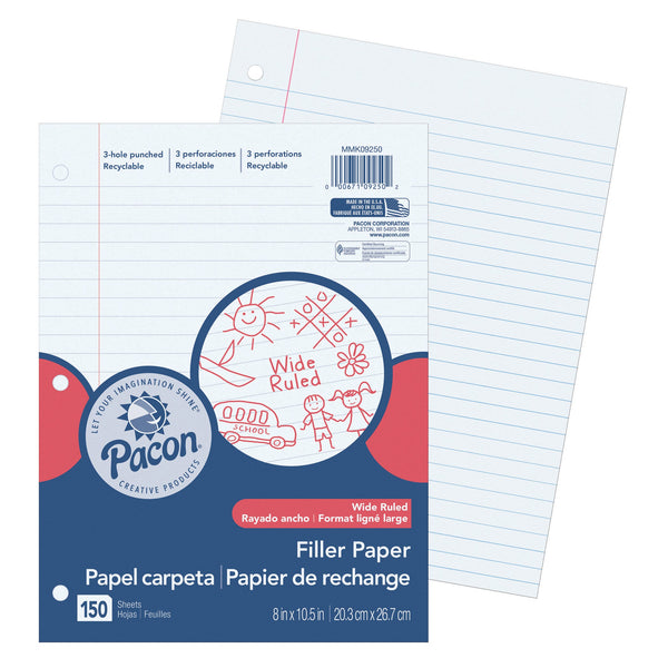 Filler Paper, White, 3-Hole Punched, Red Margin, 3-8" Ruled, 8" x 10-1-2", 150 Sheets Per Pack, 6 Packs