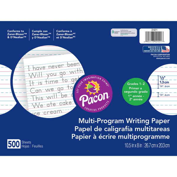 Multi-Program Handwriting Paper, 1-2" Ruled (Long Way), White, 10-1-2" x 8", 500 Sheets Per Pack, 2 Packs