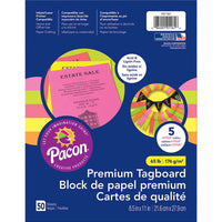 Premium Tagboard, 5 Assorted Hyper Colors, 8-1-2" x 11", 50 Sheets Per Pack, 3 Packs