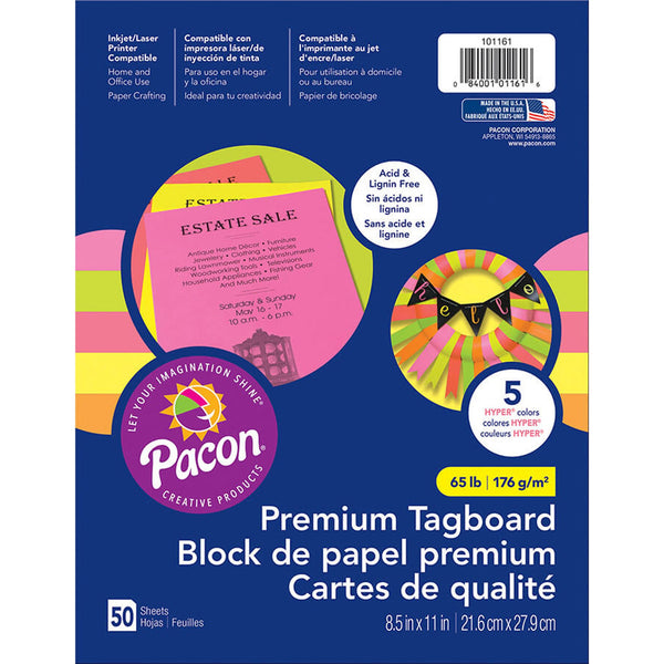 Premium Tagboard, 5 Assorted Hyper Colors, 8-1-2" x 11", 50 Sheets Per Pack, 3 Packs