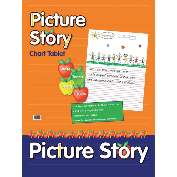 Picture Story Chart Tablet, White, Ruled Short, 1-1-2" Ruled, 24" x 32", 25 Sheets Per Pack, 2 Packs