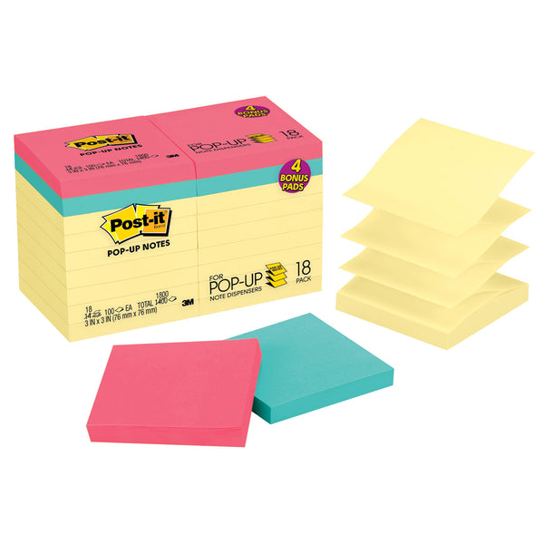 Dispenser Pop-up Notes Value Pack, 3 in x 3 in, Canary Yellow, 14 Pads plus 4 Pads in Assorted Color