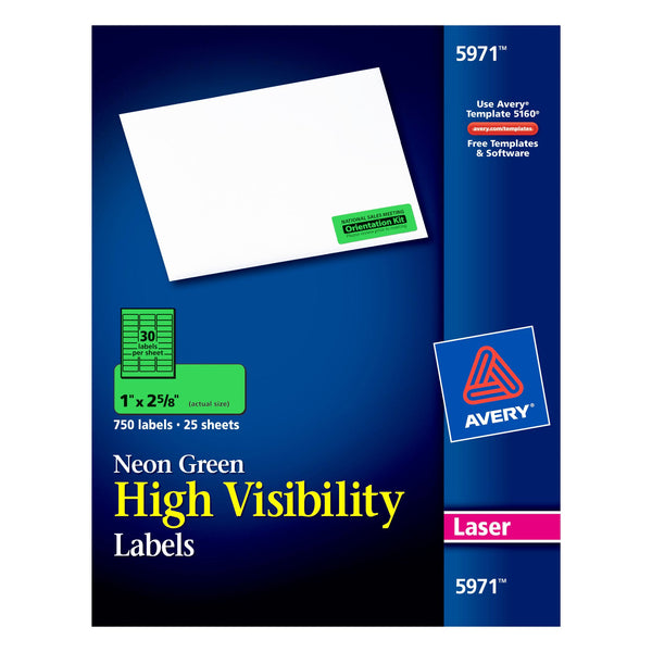 High-Visibility Labels, Permanent Adhesive, Neon Green, 1" x 2-5-8", 750 Labels