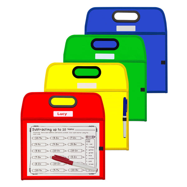 Portable Dry Erase Pockets - Study Aid, Assorted Primary Colors, 10 x 13, Pack of 3