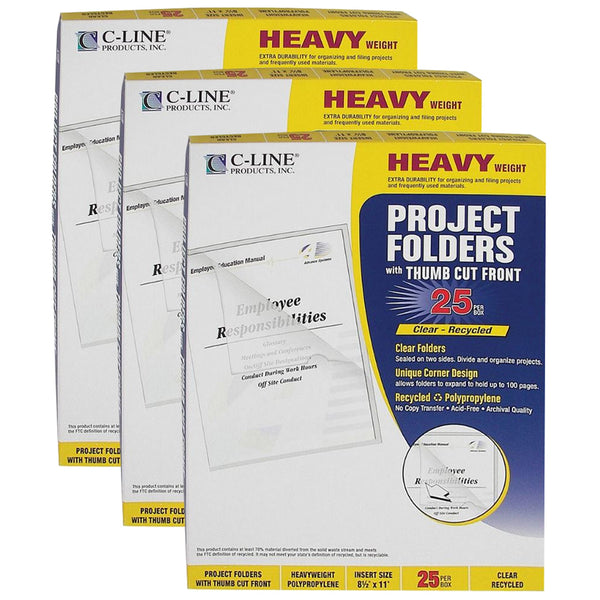 Recycled Poly Project Folders, Clear, Reduced Glare, 11" x 8-1-2", 25 Per Box, 3 Boxes