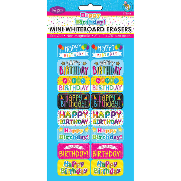 Non-Magnetic Mini Whiteboard Erasers, Happy Birthday, Pack of 16