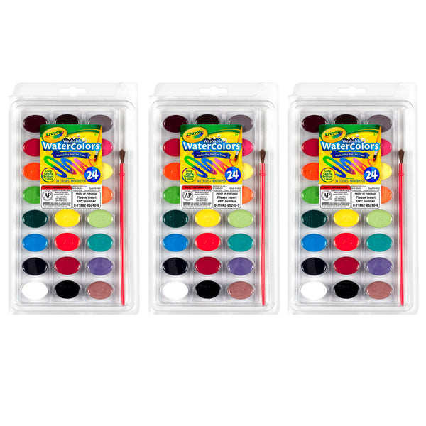 Washable Watercolor Pans with Plastic Handled Brush, 24 Colors, 3 Sets