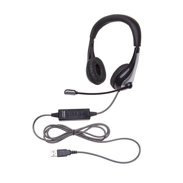 NeoTech 1025MUSB On-Ear Stereo Headset with Gooseneck Microphone, USB Plug, Black-Silver