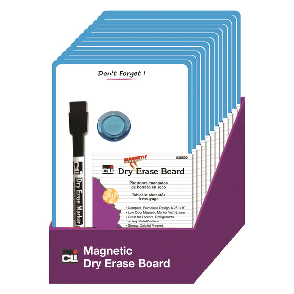 Magnetic Mini Dry Erase Boards, 6-1-4" x 9", Marker w-Eraser and 1 Magnet, Blue Frame, Pack of 12