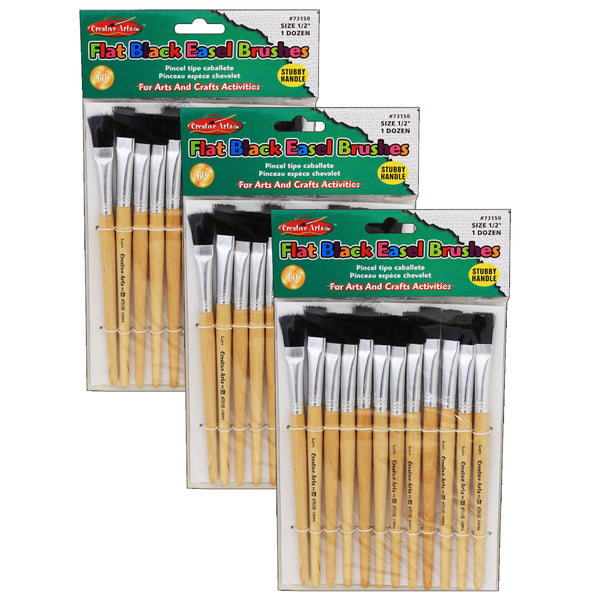 Flat Tip Easel Paint Brushes, Short Stubby Handle, 0.50 Inch, Natural Handles, Black Bristles, 12 Per Pack, 3 Packs