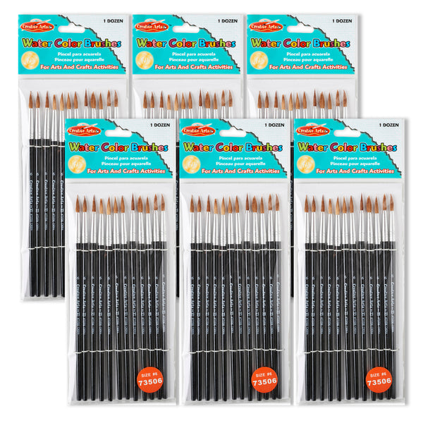 Water Color Paint Brushes with Round Pointed Tip, # 6, 11-16", Camel Hair, Black Handle, 12 Per Pack, 6 Packs