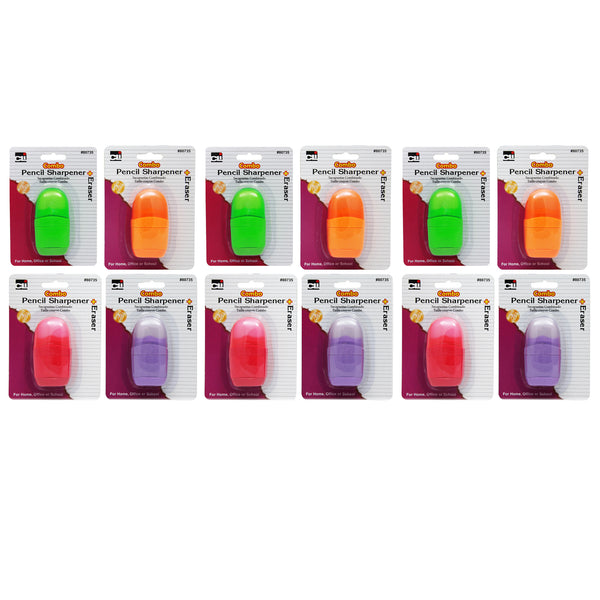 Pencil Sharpener-Eraser Combo - 1 Hole with Eraser, Plastic, with Receptacle, Assorted Colors, Pack of 12