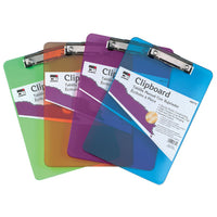 Transparent Plastic Clipboard with Low Profile Clip and Pull Out Hook, Letter Size, Assorted Neon Colors, Pack of 12