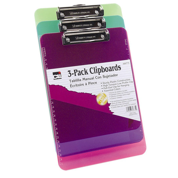 Plastic Clipboard w-Low Profile Clip, Letter, Assorted Translucent Neon Colors, Pack of 3