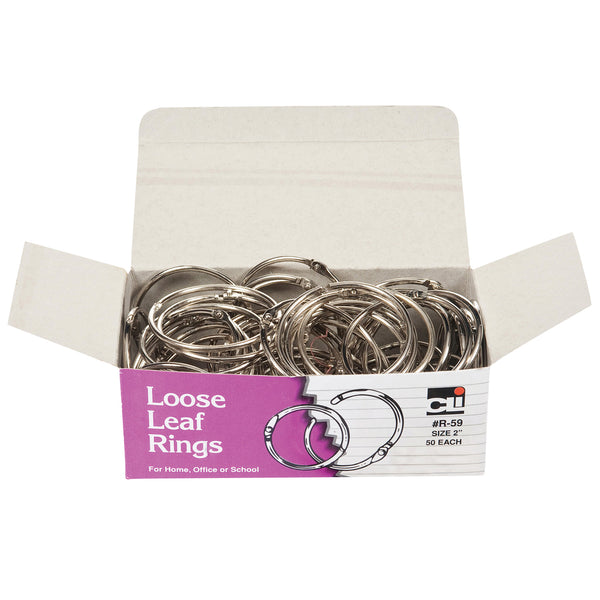 Loose Leaf Rings with Snap Closure, Nickel Plated, 2 Inch Diameter, 50 Per Box, 2 Boxes