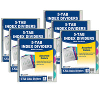 5-Tab Poly Index Dividers w-Slant Pocket, Assorted Colors, 5 Per Pack, 6 Packs