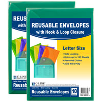 XL Reusable Envelopes, Hook and Loop Closure, 8 1-2 x 11, Assorted Colors, 10 Per Pack, 2 Packs