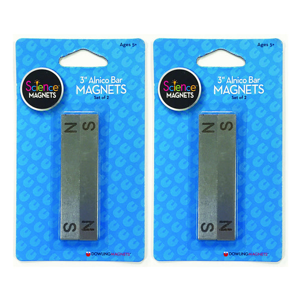 Alnico Bar Magnets, 3", N-S Stamped, 2 Per Pack, 2 Packs