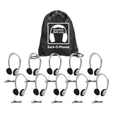 Sack-O-Phones, 10 HA2 Personal Headphoness, Foam Ear Cushions in a Carry Bag, Pack of 10