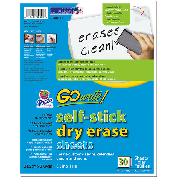 Dry Erase Sheets, Self-Adhesive, White, 8-1-2" x 11", 30 Sheets